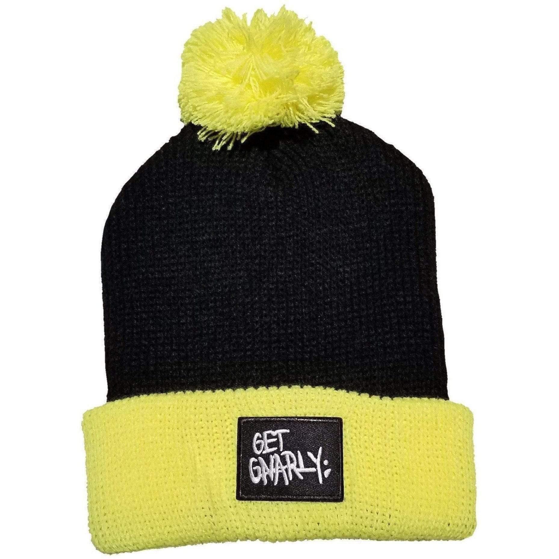 Get Gnarly Black Box Logo Black & Yellow Pom Beanie-Beanie-Get Gnarly 